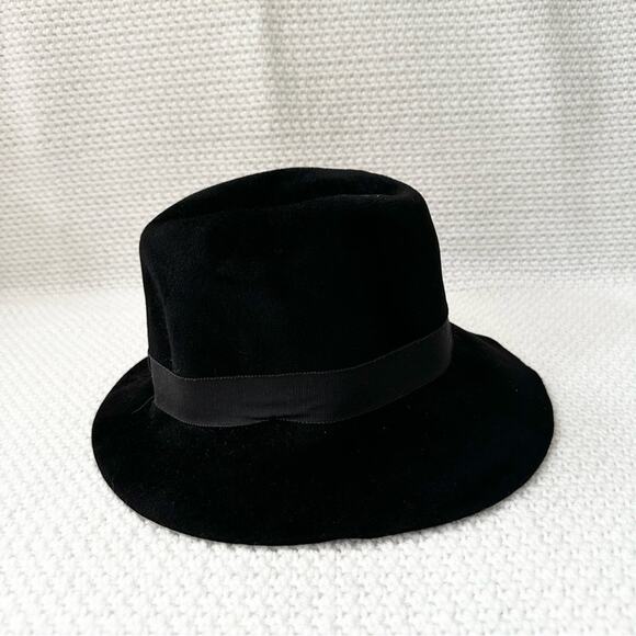 Helen Kaminski Australia Black Rabbit Fur Felt Ribbon Trim Fedora Classic Hat OS